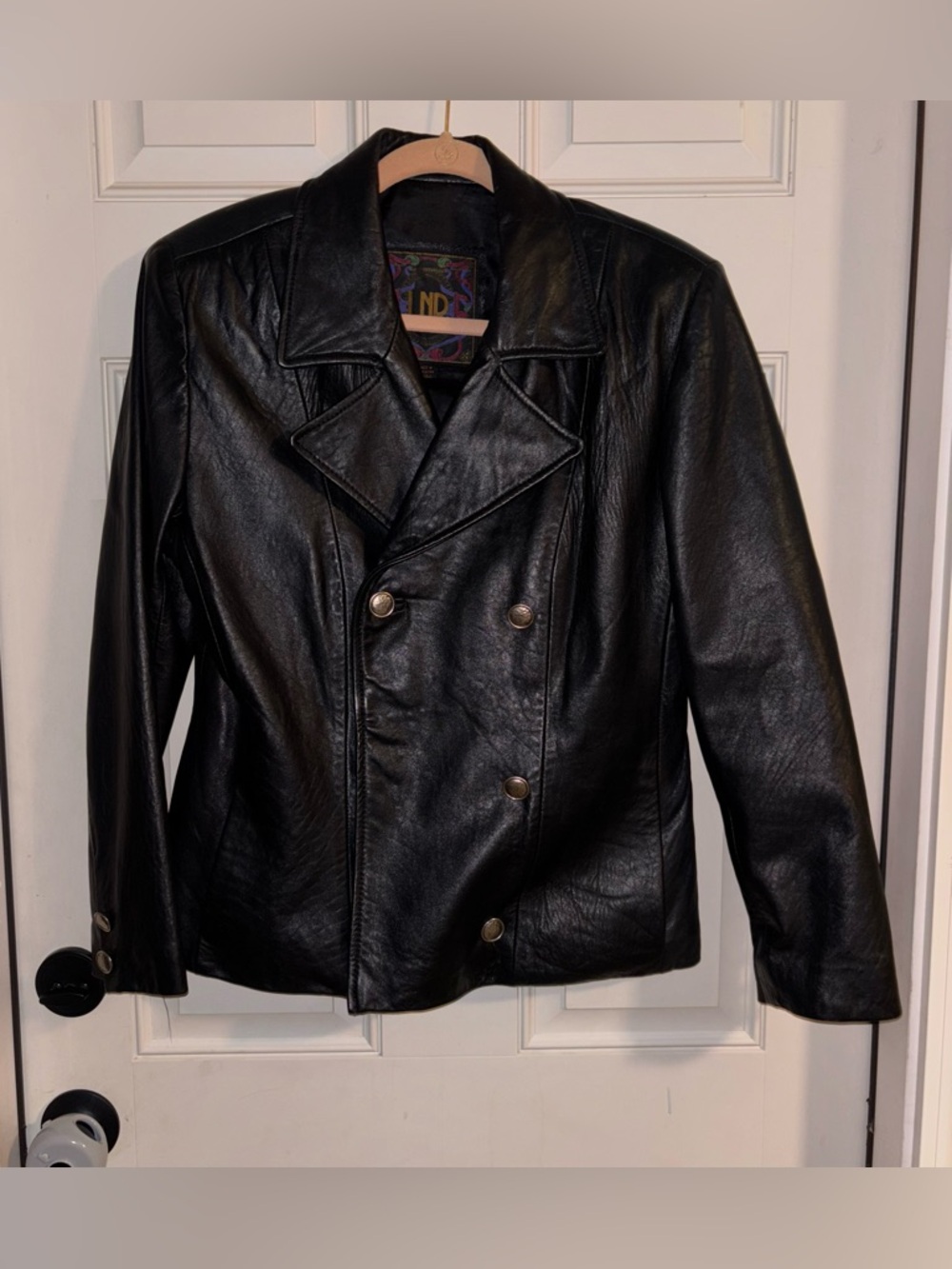 LNR Vintage Double Breasted Black Leather Jacket Silver Buffalo Coin Buttons